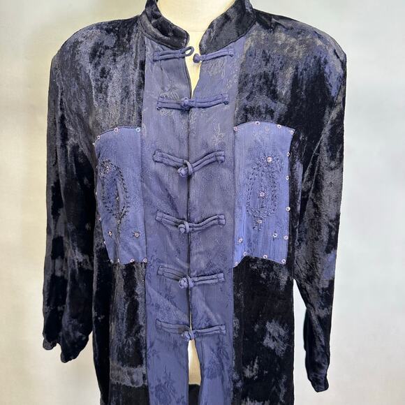 Lolette navy Rayon velour & jacquard mandarin collar tunic top size Large artsy - Picture 9 of 15